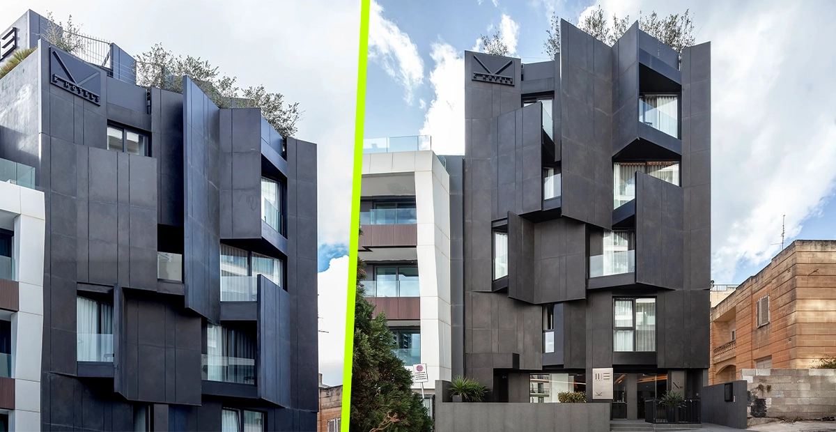 Modern exterior facade of Thirty Three Boutique Hotel located in St. Julian’s, Malta, showcasing contemporary boutique architecture